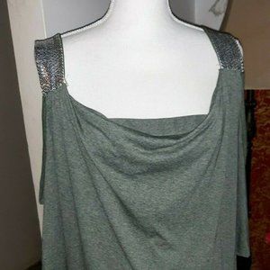 Ladies Plus Size Cold Shoulder Sequined Top Blouse T-Shirt Casual Size 18 Green